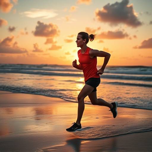 Anuncio publicitario de una nueva línea de ropa deportiva. Un atleta corre en la playa al atardecer.